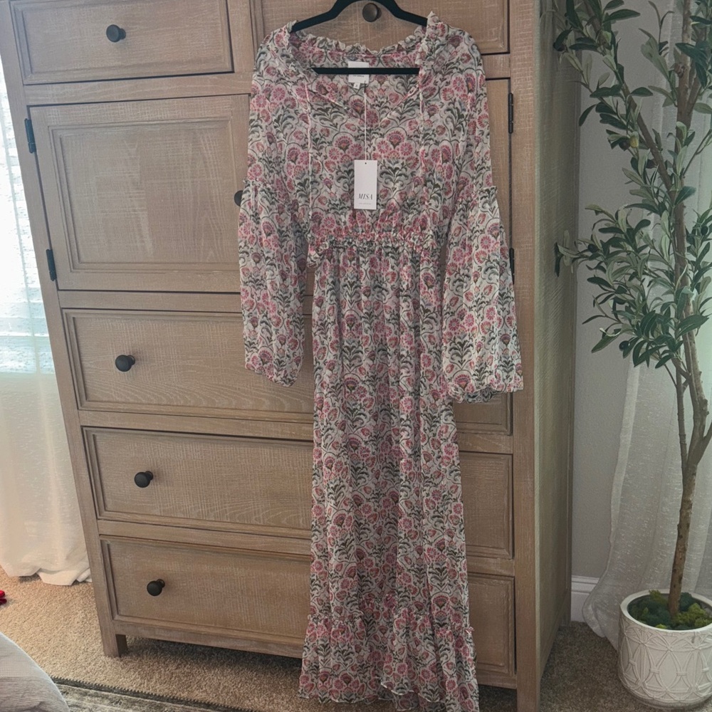 Misa Los Angeles Floral Long Sleeve Dress in Pink and Green